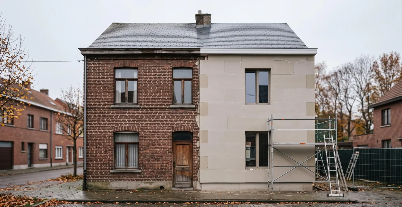 Facade d'une maison mitoyenne belge en briques avec echafaudage et isolation en cours de renovation energetique