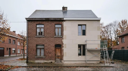 Facade d'une maison mitoyenne belge en briques avec echafaudage et isolation en cours de renovation energetique
