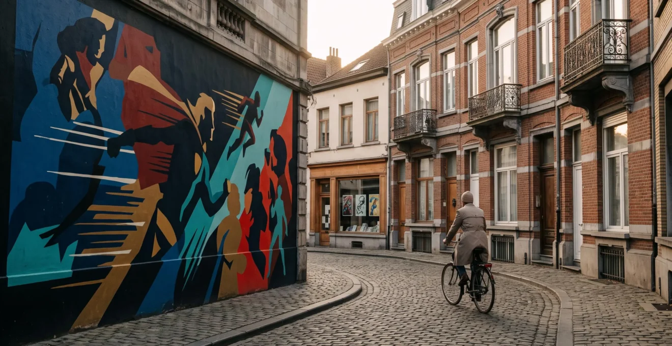Ruelle pavee bruxelloise ornee d'une fresque murale de bande dessinee, illustrant la richesse du neuvieme art belge au-dela des icones connues