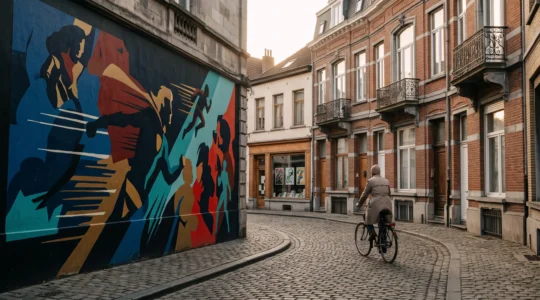 Ruelle pavee bruxelloise ornee d'une fresque murale de bande dessinee, illustrant la richesse du neuvieme art belge au-dela des icones connues