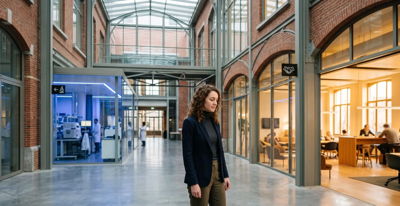 Jeune chercheur belge à un carrefour symbolique entre un laboratoire universitaire et un environnement professionnel, illustrant le choix de carrière du doctorat