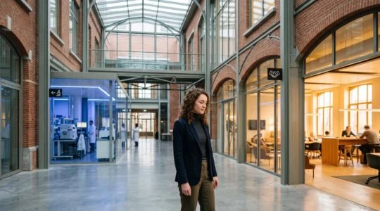 Jeune chercheur belge à un carrefour symbolique entre un laboratoire universitaire et un environnement professionnel, illustrant le choix de carrière du doctorat
