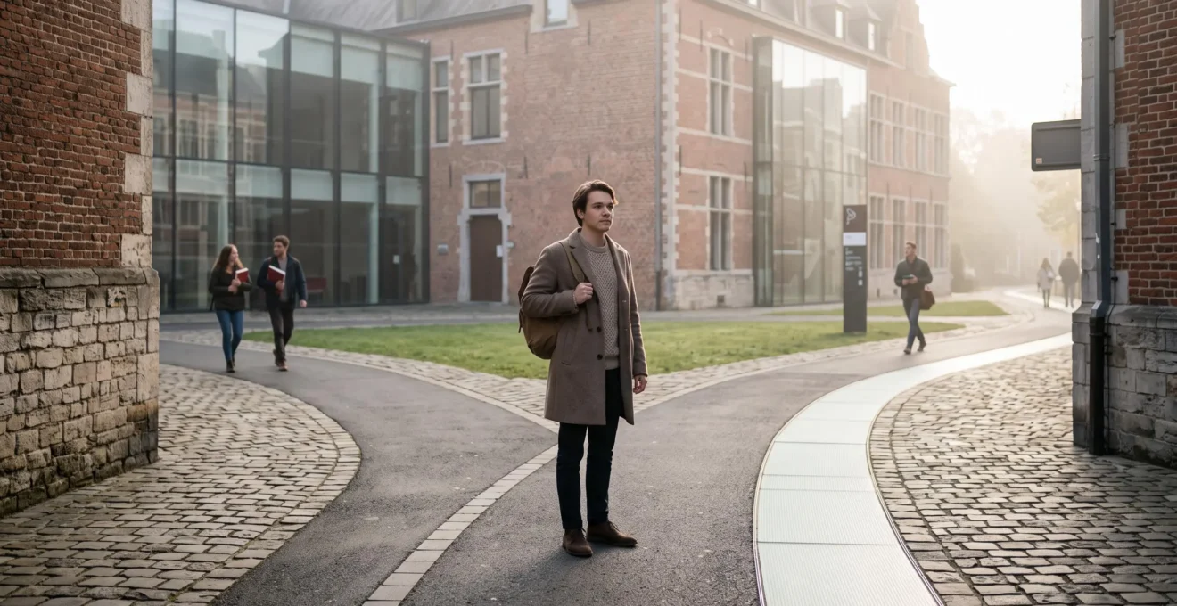 Jeune étudiant se tenant à un carrefour symbolique représentant le choix entre plusieurs disciplines académiques, dans un décor inspiré de l'architecture universitaire belge