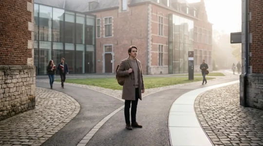 Jeune étudiant se tenant à un carrefour symbolique représentant le choix entre plusieurs disciplines académiques, dans un décor inspiré de l'architecture universitaire belge