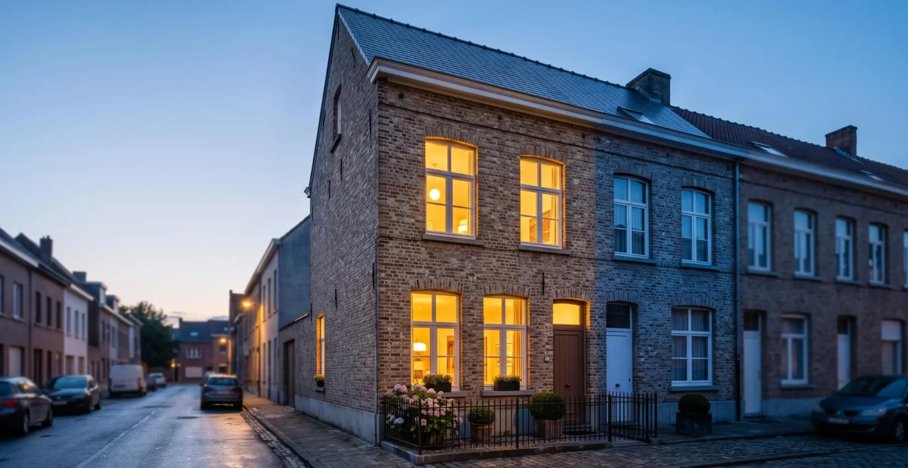 Facade d'une maison mitoyenne belge en briques illustrant la performance energetique lors d'une transaction immobiliere