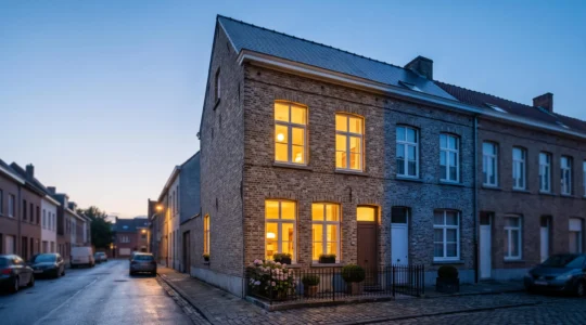 Facade d'une maison mitoyenne belge en briques illustrant la performance energetique lors d'une transaction immobiliere