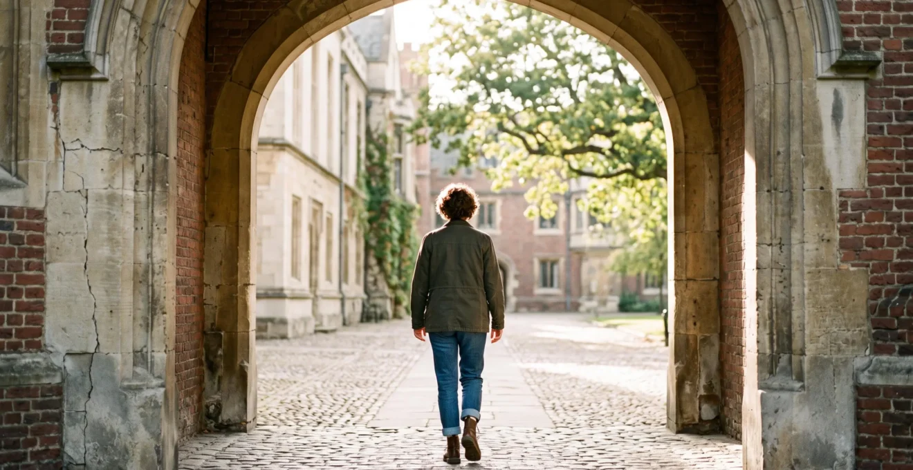 Silhouette d'un jeune diplome traversant un passage architectural symbolisant la transition du bachelier vers le master en Belgique