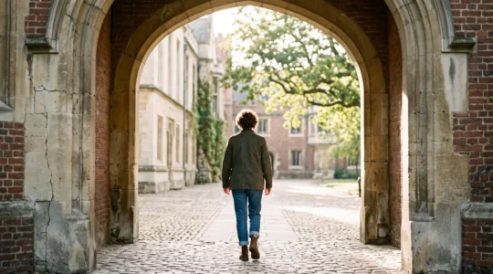 Silhouette d'un jeune diplome traversant un passage architectural symbolisant la transition du bachelier vers le master en Belgique