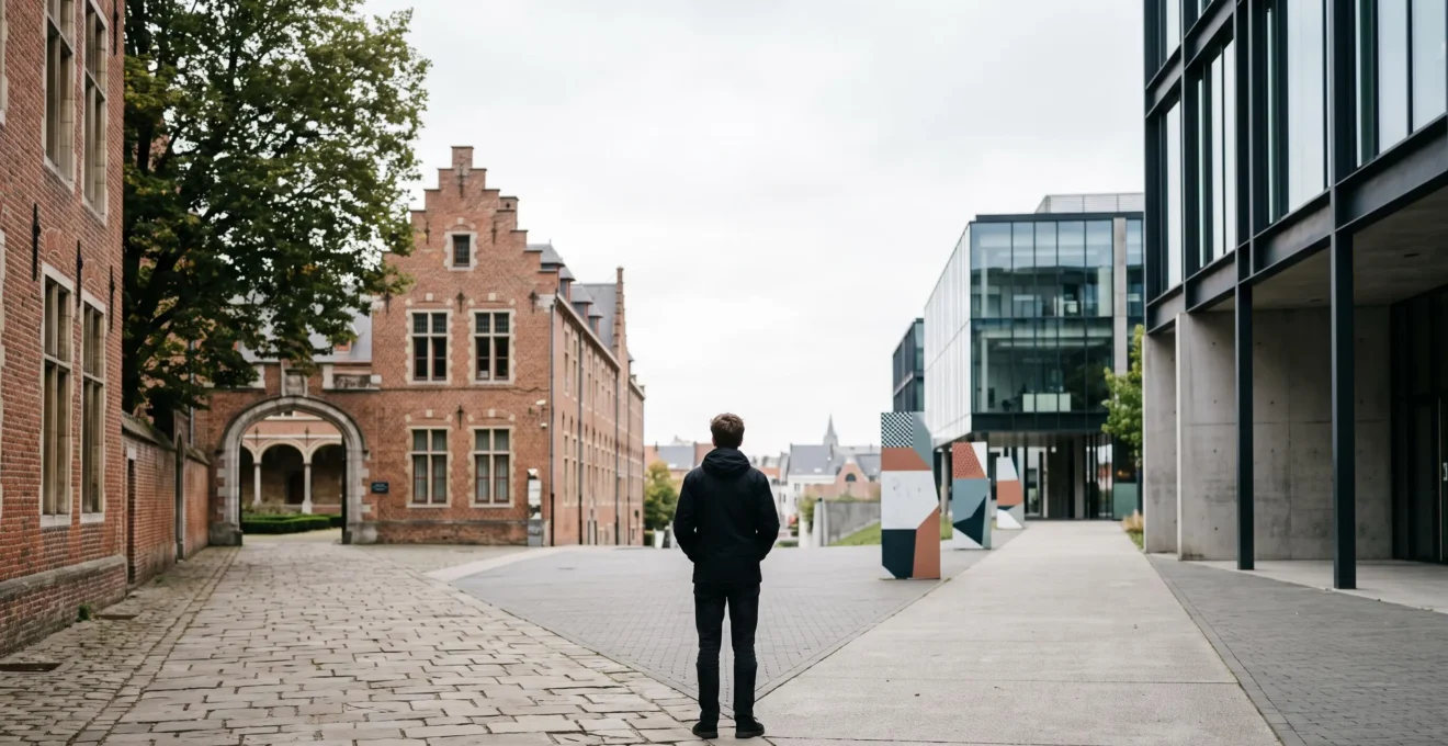 Un jeune adulte se tient à un carrefour symbolique entre deux bâtiments d'enseignement supérieur belges, représentant le choix entre haute école et université