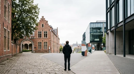 Un jeune adulte se tient à un carrefour symbolique entre deux bâtiments d'enseignement supérieur belges, représentant le choix entre haute école et université