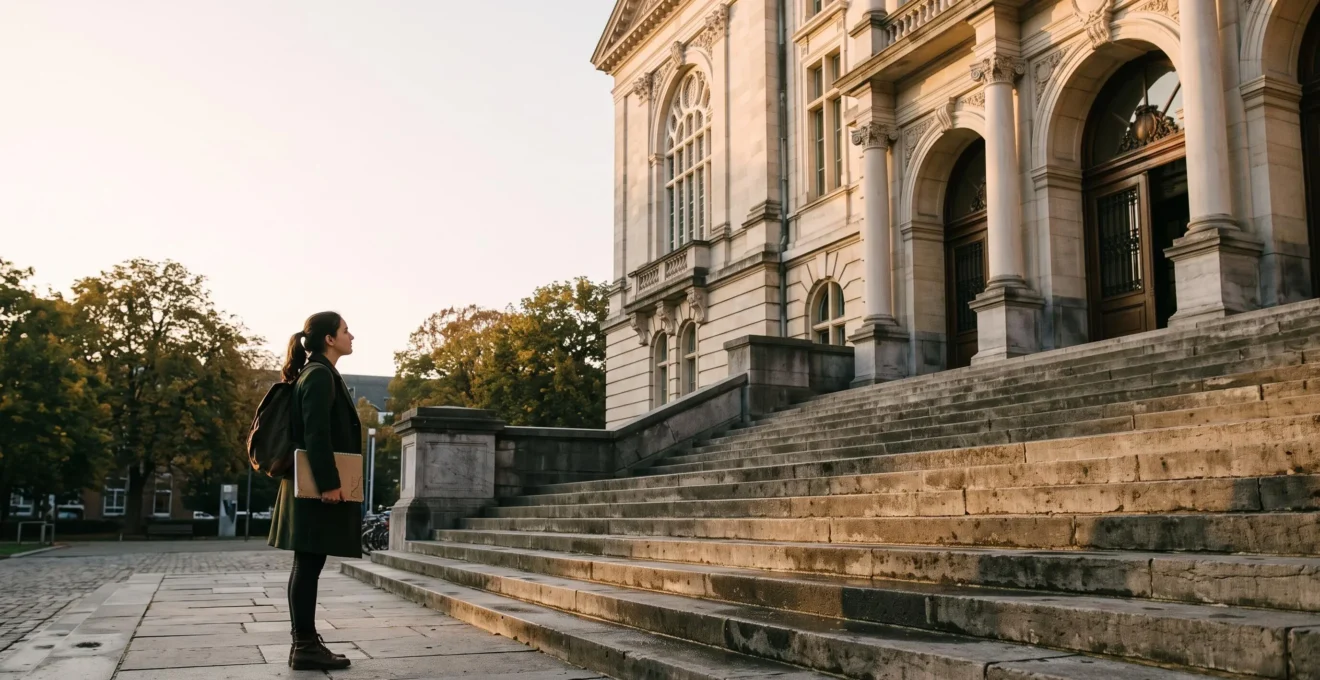 Etudiant se tenant devant les marches d'une universite belge, symbole du choix d'un parcours academique ambitieux