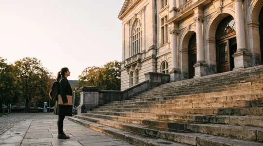 Etudiant se tenant devant les marches d'une universite belge, symbole du choix d'un parcours academique ambitieux