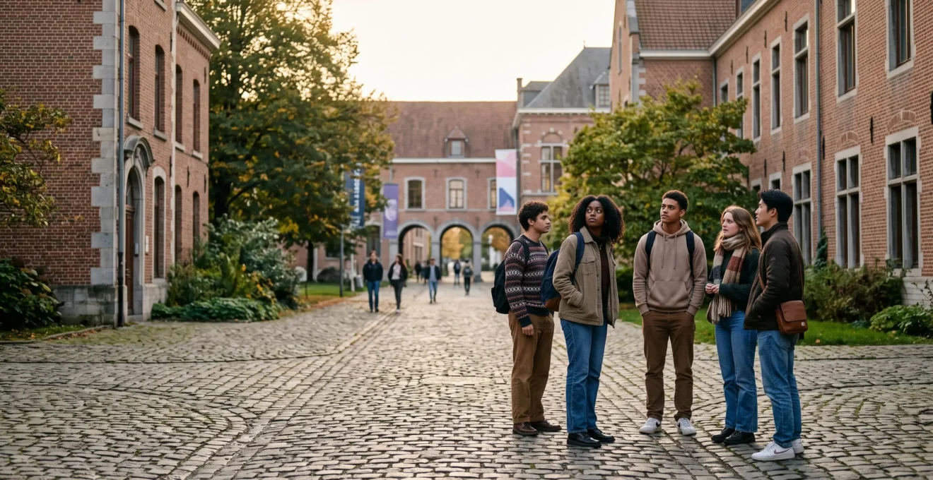 Jeunes étudiants belges réfléchissant à leur avenir académique devant un bâtiment universitaire historique