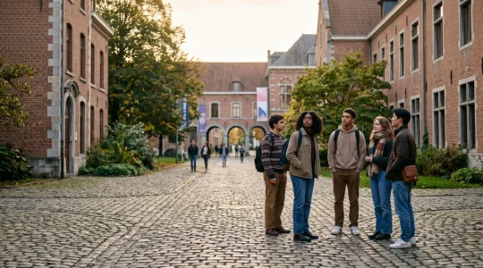 Jeunes étudiants belges réfléchissant à leur avenir académique devant un bâtiment universitaire historique