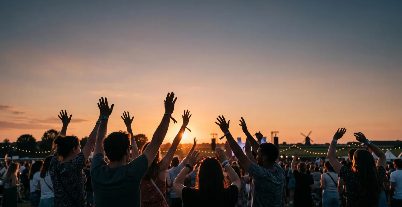 Silhouettes de festivaliers levant les bras au coucher du soleil lors d'un grand festival en plein air en Belgique