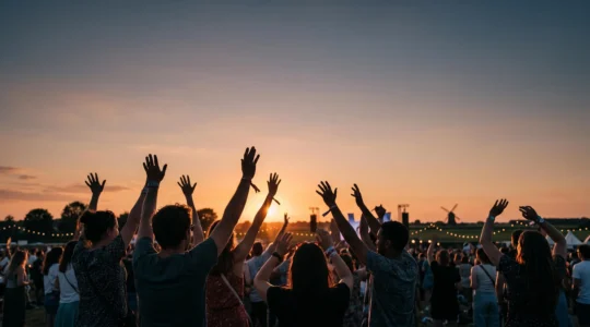 Silhouettes de festivaliers levant les bras au coucher du soleil lors d'un grand festival en plein air en Belgique