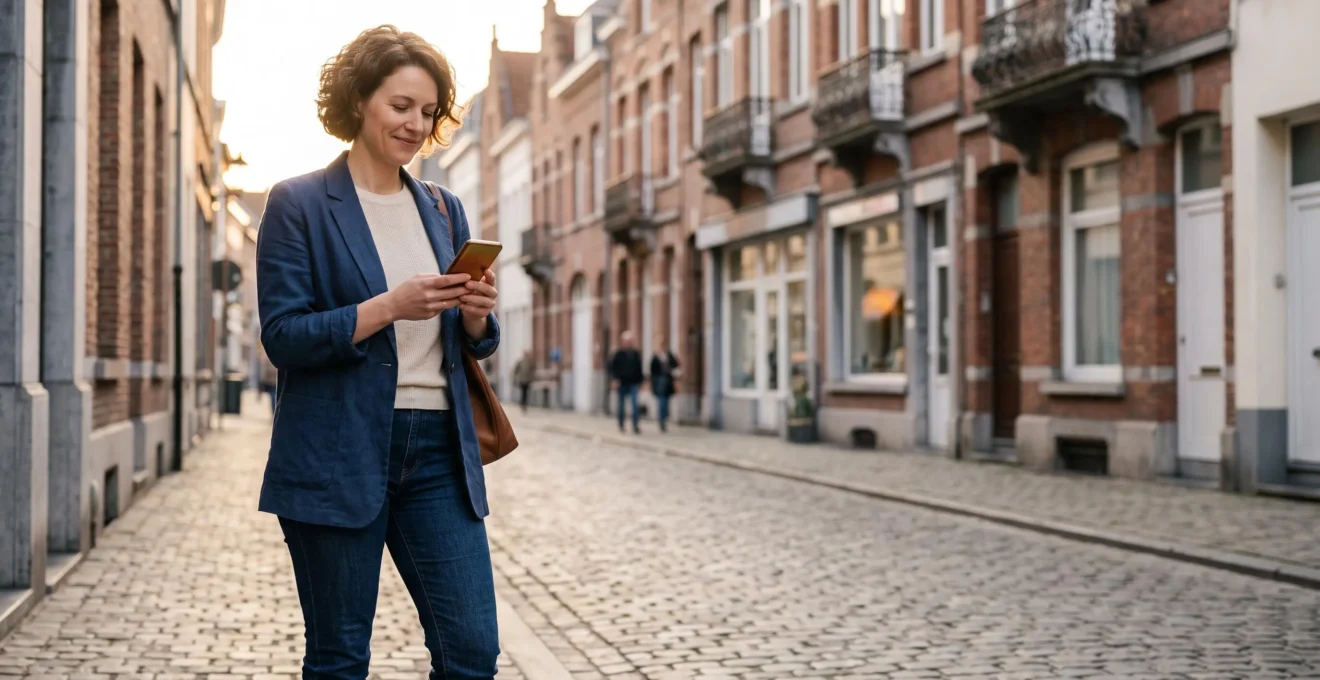 Personne belge souriante utilisant un smartphone dans un cadre urbain typique de Belgique pour illustrer le gain de temps grâce aux plateformes numériques