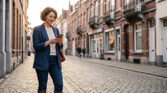 Personne belge souriante utilisant un smartphone dans un cadre urbain typique de Belgique pour illustrer le gain de temps grâce aux plateformes numériques