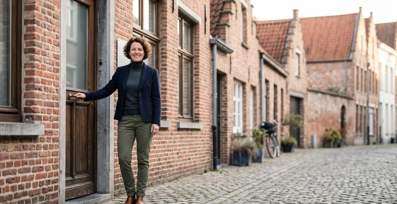 Dirigeant de PME belge devant une façade de bureau en briques, symbolisant l'équilibre entre conformité sociale et croissance