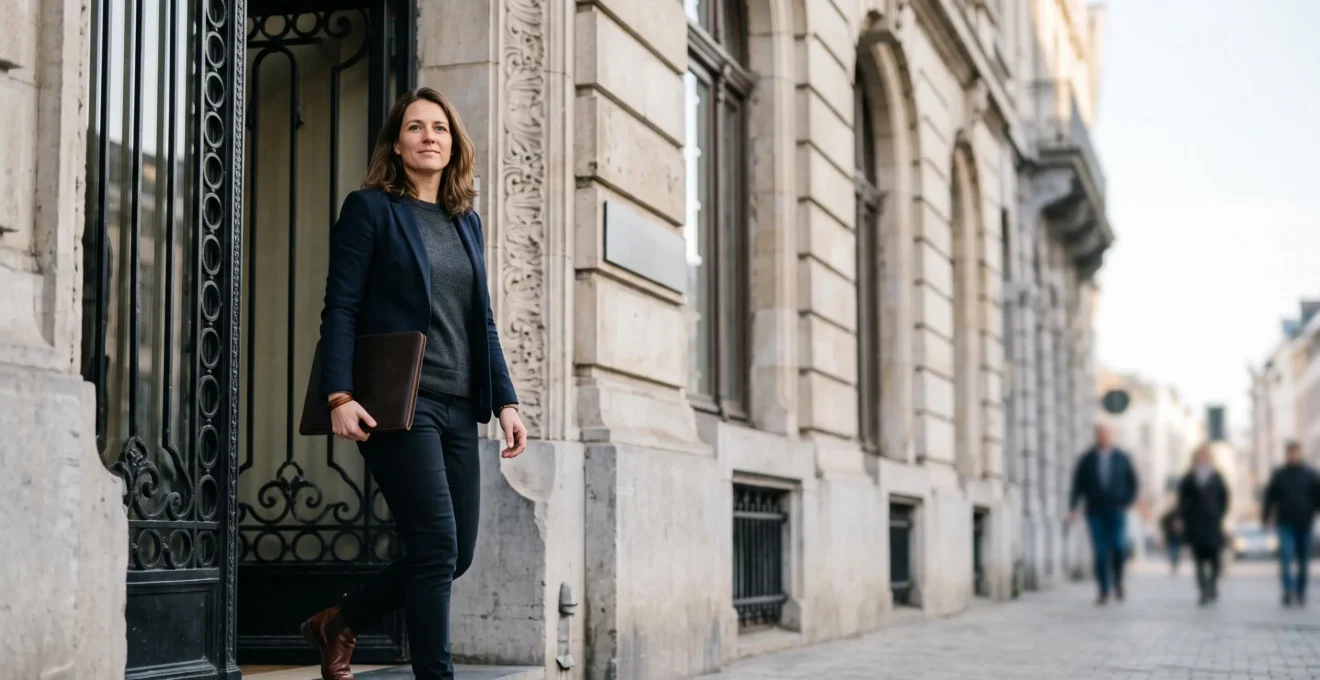 Entrepreneur belge franchissant le seuil d'un bâtiment administratif vers la lumière, symbolisant le lancement rapide de son statut d'indépendant