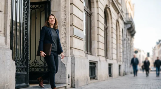Entrepreneur belge franchissant le seuil d'un bâtiment administratif vers la lumière, symbolisant le lancement rapide de son statut d'indépendant