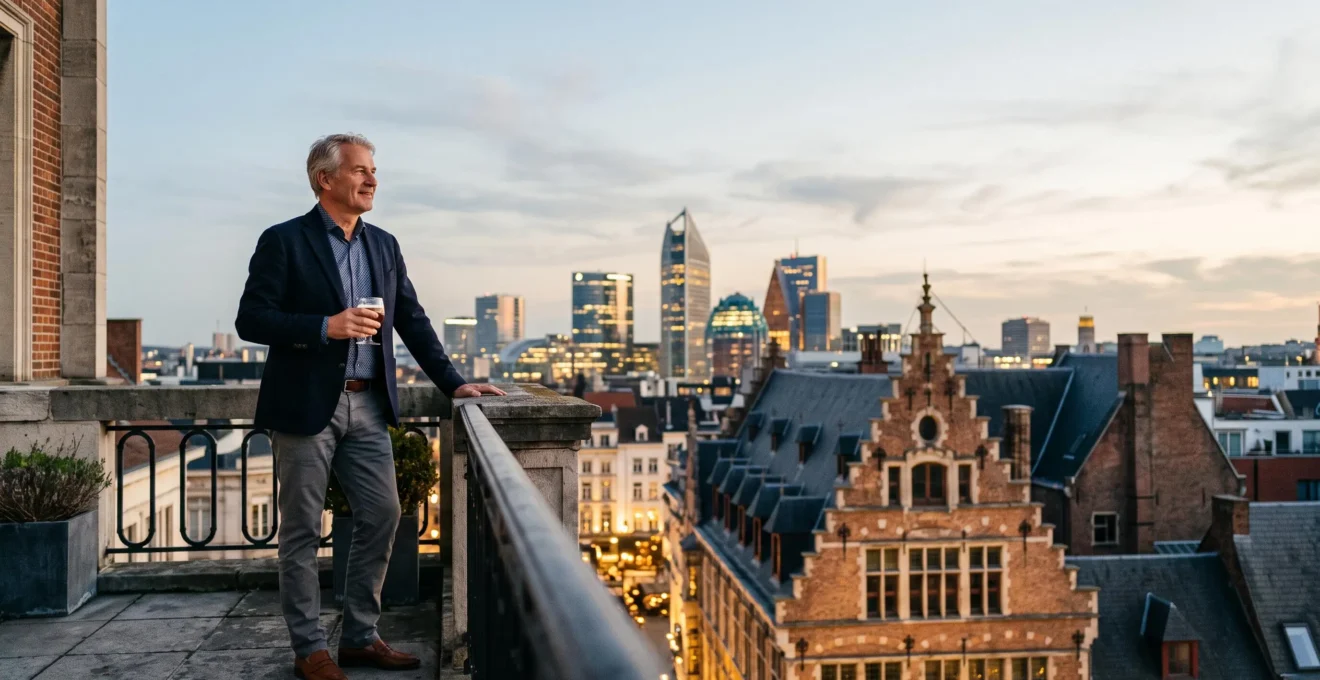 Chef d'entreprise belge observant le quartier europeen de Bruxelles, symbole de l'influence des federations sectorielles sur la reglementation