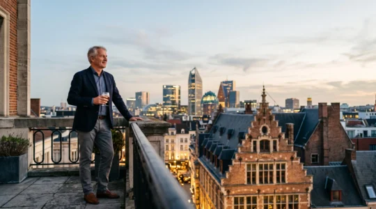 Chef d'entreprise belge observant le quartier europeen de Bruxelles, symbole de l'influence des federations sectorielles sur la reglementation