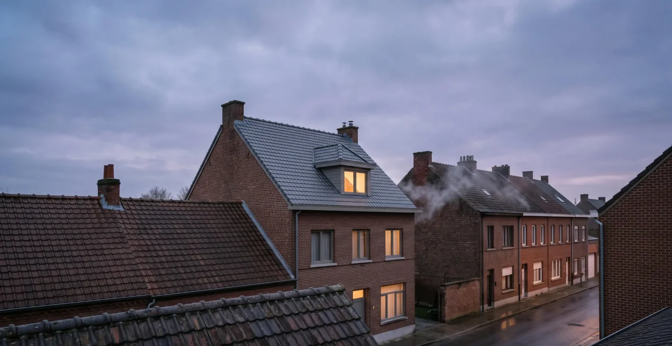 Toiture de maison belge en cours d'isolation thermique avec vue sur les combles et l'isolant, illustrant les économies de chauffage