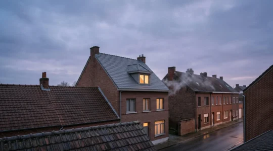 Toiture de maison belge en cours d'isolation thermique avec vue sur les combles et l'isolant, illustrant les économies de chauffage