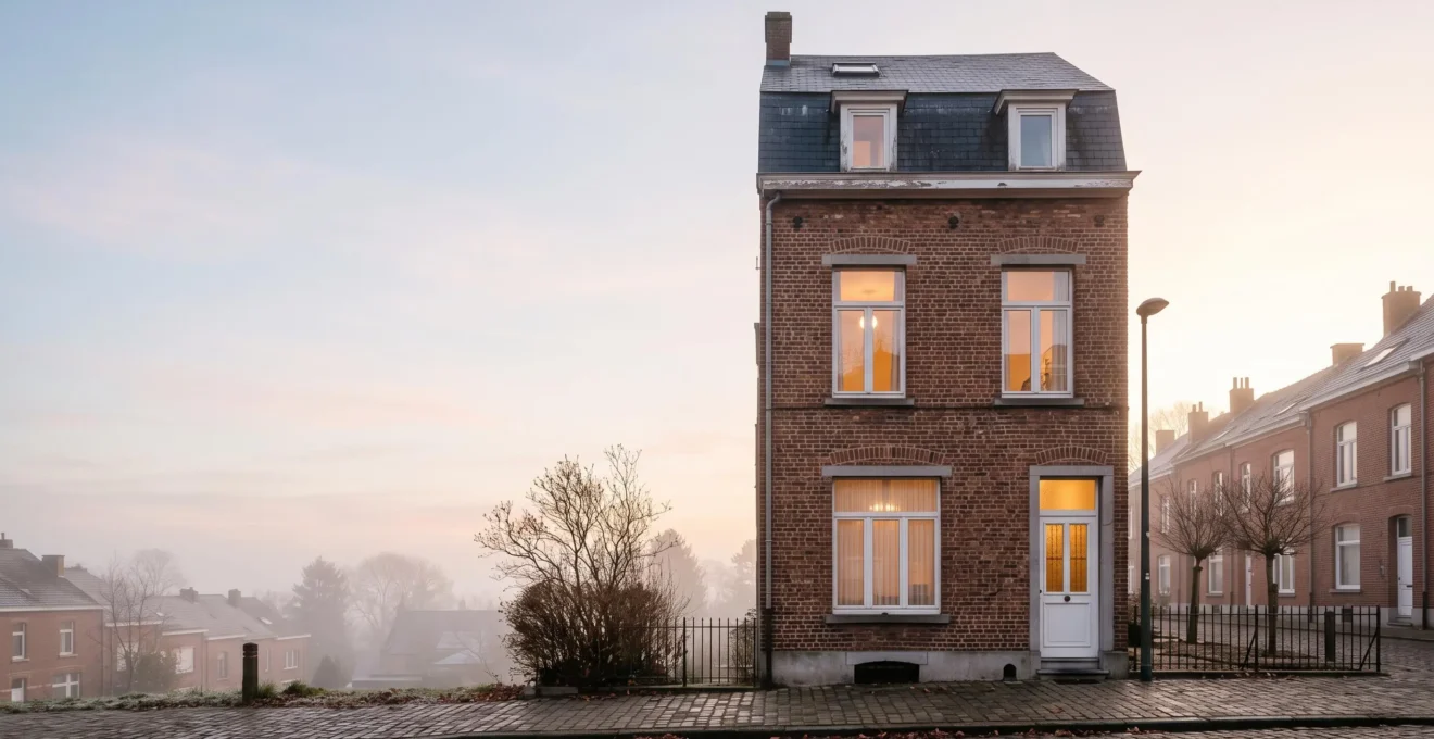 Maison mitoyenne en briques typique de Belgique au petit matin, symbolisant une rénovation énergétique réussie alliant air sain et chaleur préservée