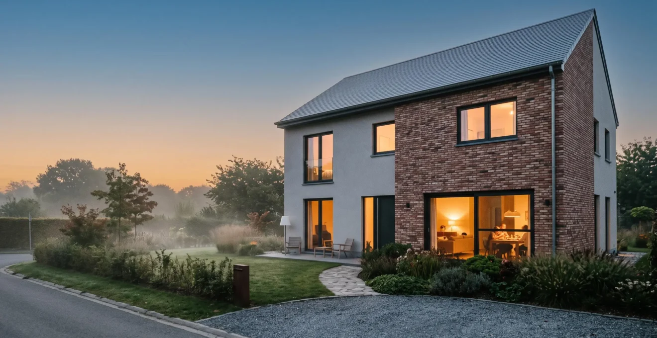 Maison moderne belge à quatre façades avec isolation performante, baignée de lumière naturelle, illustrant la performance énergétique PEB