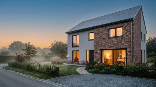 Maison moderne belge à quatre façades avec isolation performante, baignée de lumière naturelle, illustrant la performance énergétique PEB