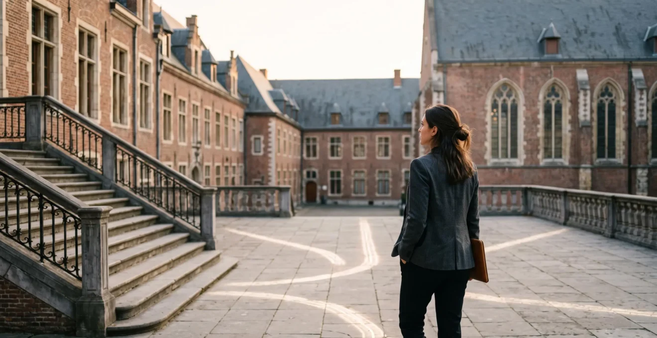 Jeune diplome belge se tenant au sommet d'un escalier symbolisant la multiplication des opportunites de carriere apres un master