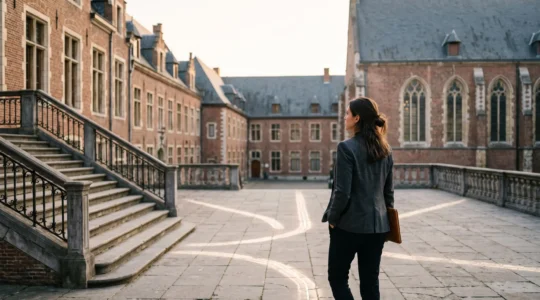 Jeune diplome belge se tenant au sommet d'un escalier symbolisant la multiplication des opportunites de carriere apres un master