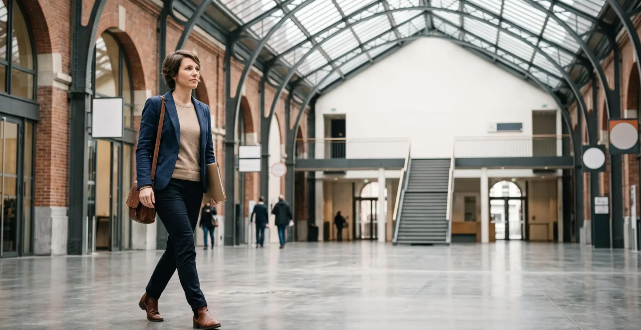 Personne traversant avec assurance un hall architectural lumineux inspiré de l'architecture belge, symbolisant un parcours administratif fluide et rapide