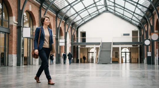 Personne traversant avec assurance un hall architectural lumineux inspiré de l'architecture belge, symbolisant un parcours administratif fluide et rapide