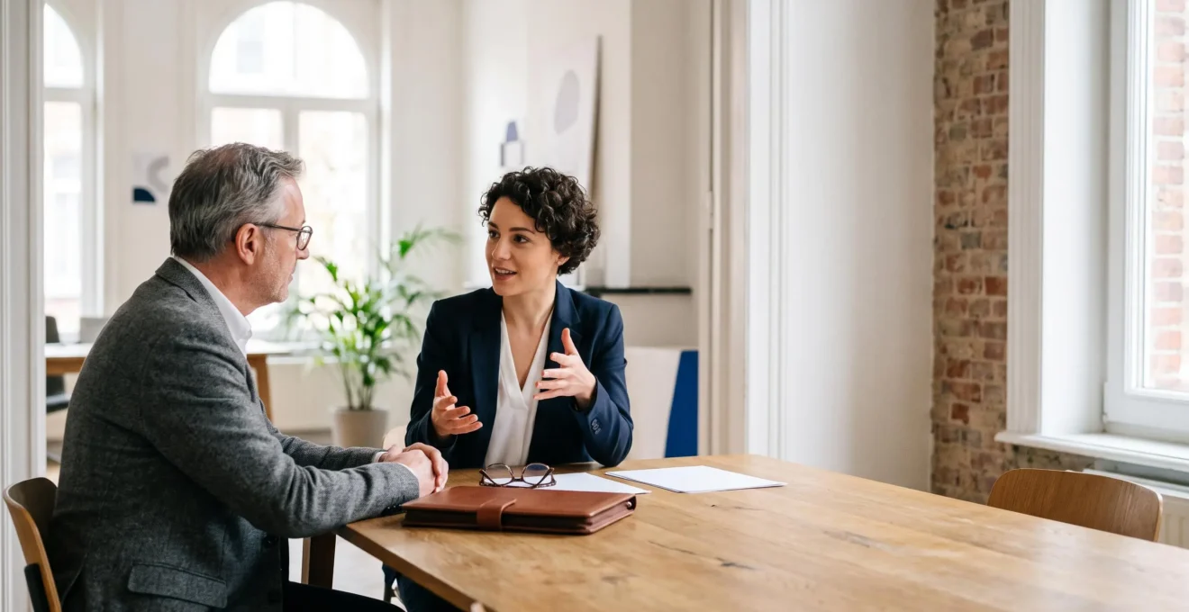 Deux professionnels en pleine négociation autour d'une table, symbolisant la discussion d'un package salarial en Belgique