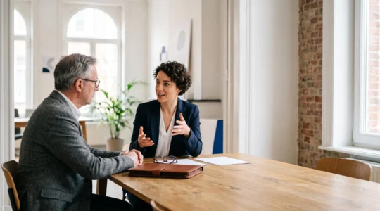 Deux professionnels en pleine négociation autour d'une table, symbolisant la discussion d'un package salarial en Belgique