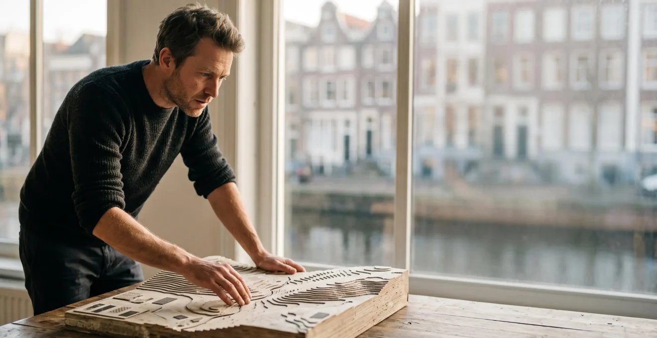 Un entrepreneur belge examine une maquette topographique symbolisant les opportunites d'affaires cachees entre les regions de Belgique
