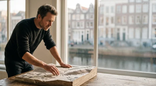Un entrepreneur belge examine une maquette topographique symbolisant les opportunites d'affaires cachees entre les regions de Belgique
