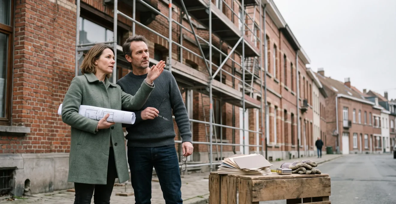 Couple examinant les plans de renovation devant une maison bruxelloise en travaux avec echafaudage