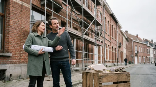Couple examinant les plans de renovation devant une maison bruxelloise en travaux avec echafaudage