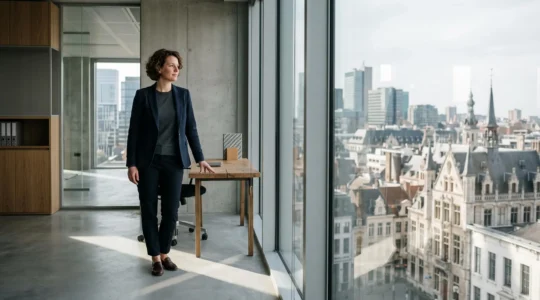 Jeune professionnel dans un bureau lumineux à Bruxelles, symbolisant l'ouverture de nouvelles opportunités de carrière grâce au bilinguisme