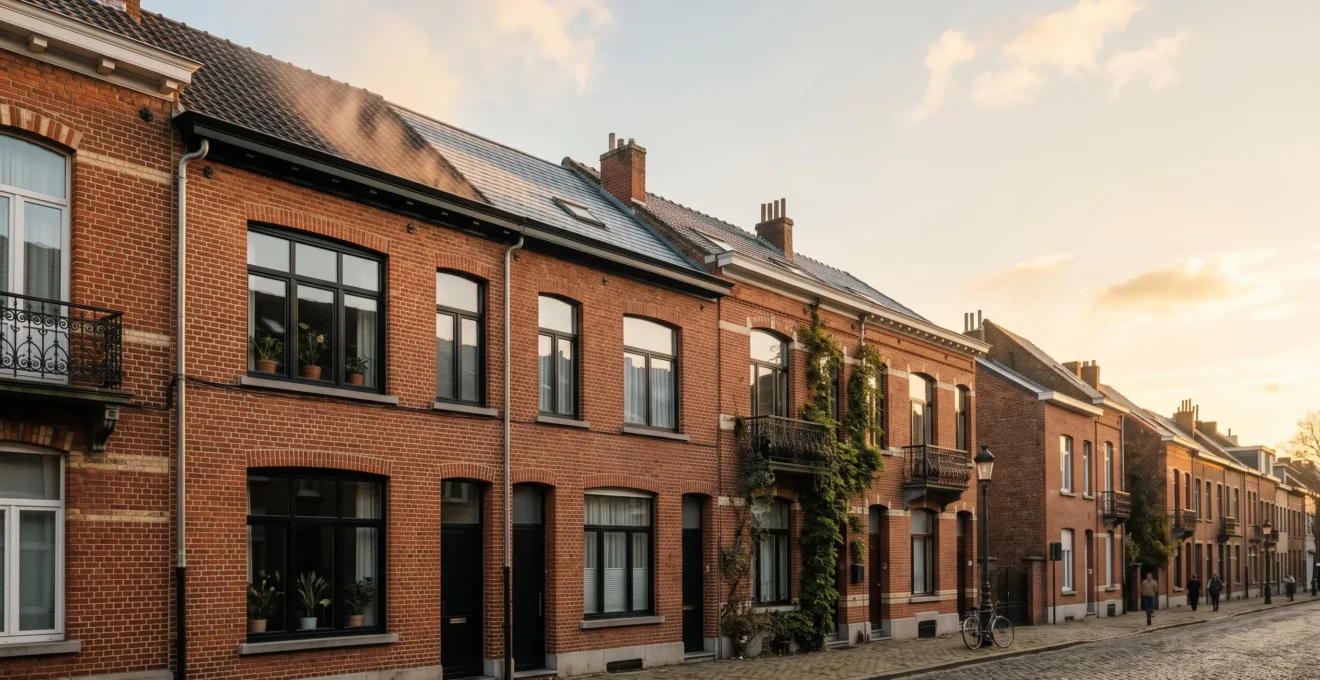 Façade de maison mitoyenne belge en briques avec toiture rénovée, symbole d'une meilleure performance énergétique du logement