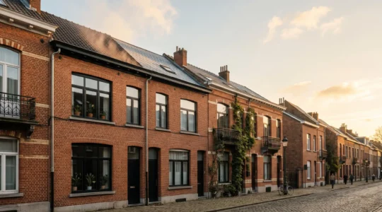 Façade de maison mitoyenne belge en briques avec toiture rénovée, symbole d'une meilleure performance énergétique du logement