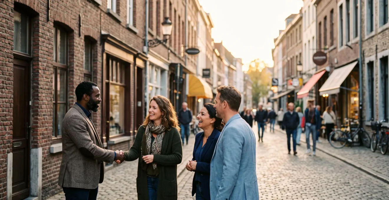 Entrepreneur belge échangeant une poignée de main dans une rue commerçante animée, symbolisant le tissage de l'économie locale