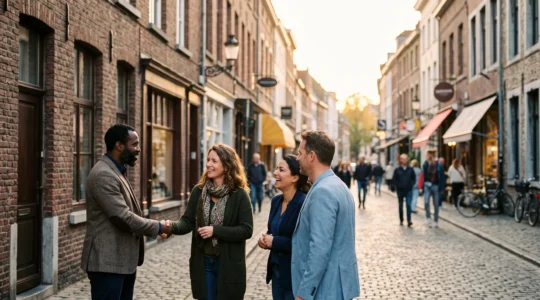 Entrepreneur belge échangeant une poignée de main dans une rue commerçante animée, symbolisant le tissage de l'économie locale
