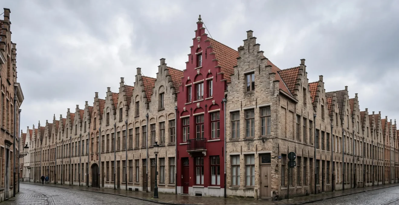 Une façade de couleur vive se détachant nettement parmi une rangée de maisons identiques aux tons neutres, symbolisant la différenciation d'une marque dans un marché saturé