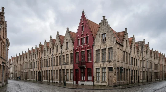 Une façade de couleur vive se détachant nettement parmi une rangée de maisons identiques aux tons neutres, symbolisant la différenciation d'une marque dans un marché saturé