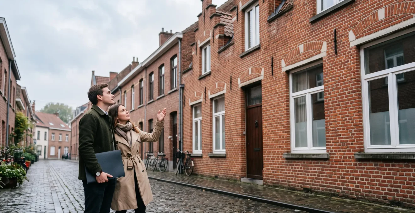 Couple regardant une maison de style belge en briques rouges avant de finaliser un achat immobilier